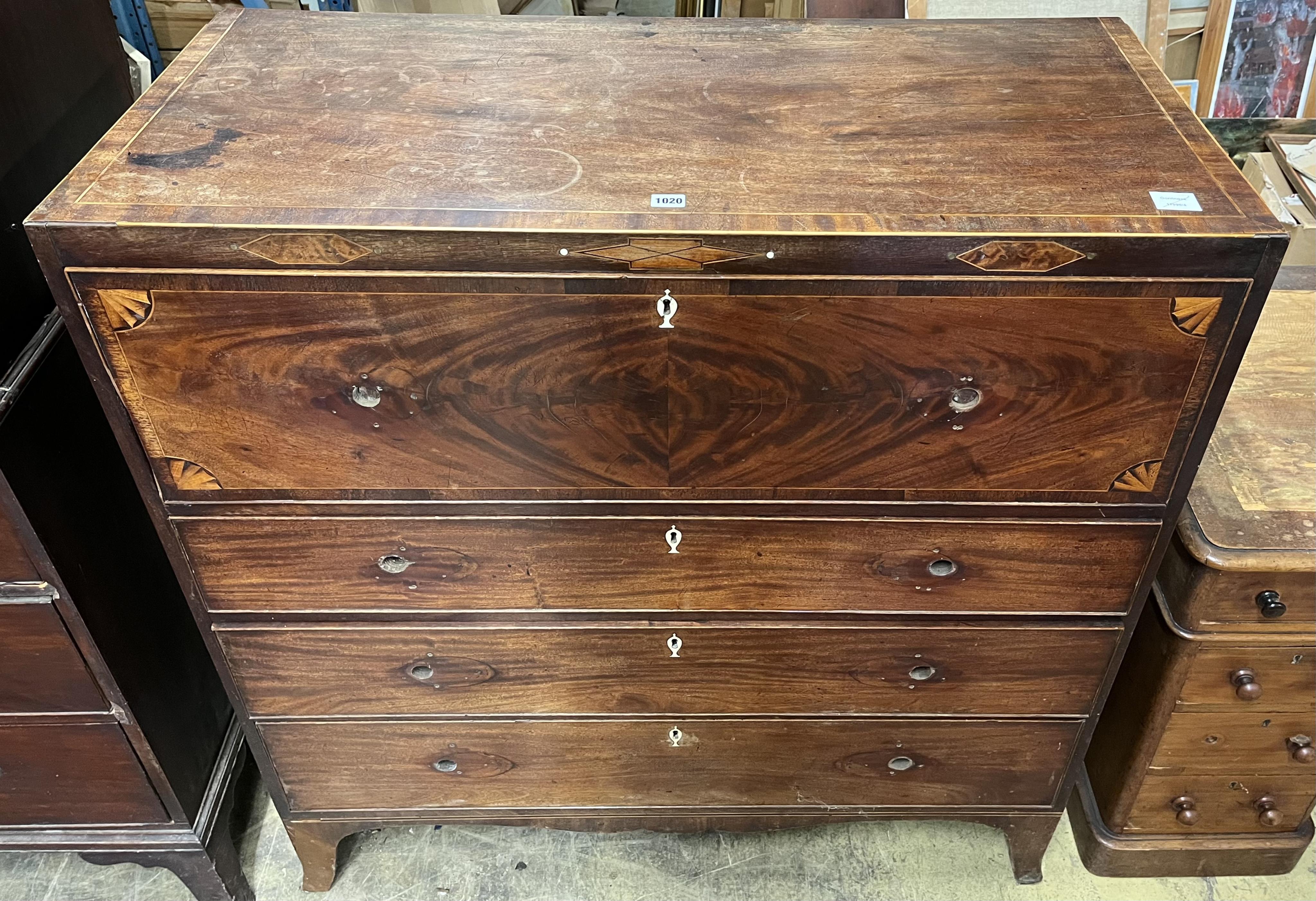 A George III mahogany secretaire chest, lacking handles, width 111cm, depth 50cm, height 117cm CITES Submission reference, 9KQQ171E